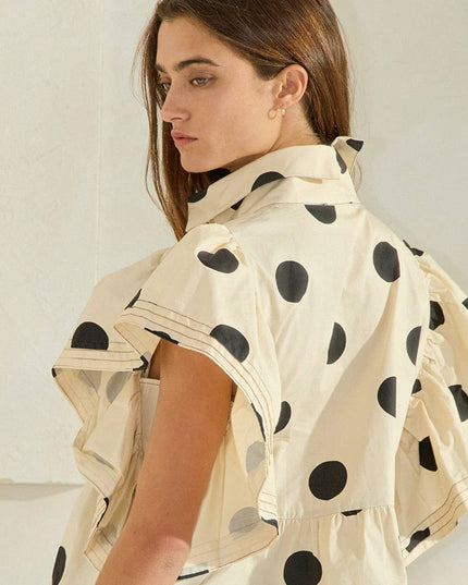 IT2337 Ruffle Sleeves Pintuck Detail Polka Dot Print top
