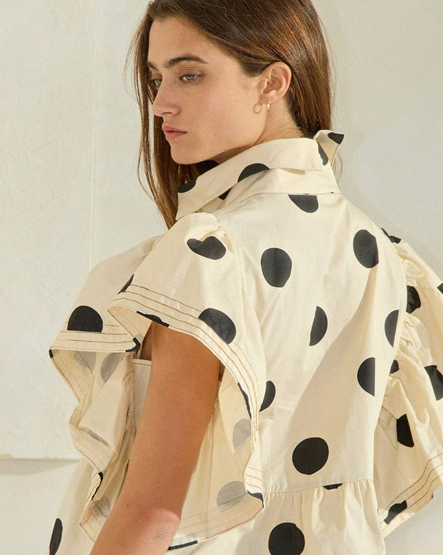 IT2337 Ruffle Sleeves Pintuck Detail Polka Dot Print top