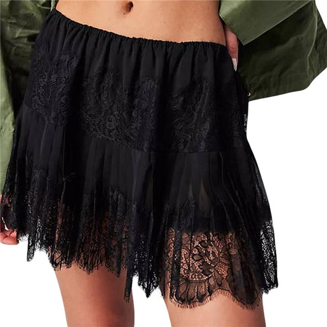 High Waist Lace Mini Skirt With Irregular Hem In Solid Color