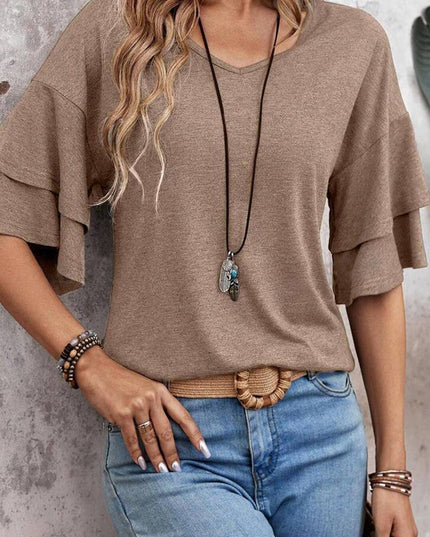 Solid Colour V-Neck Double Layer Sleeve Loose T-Shirt