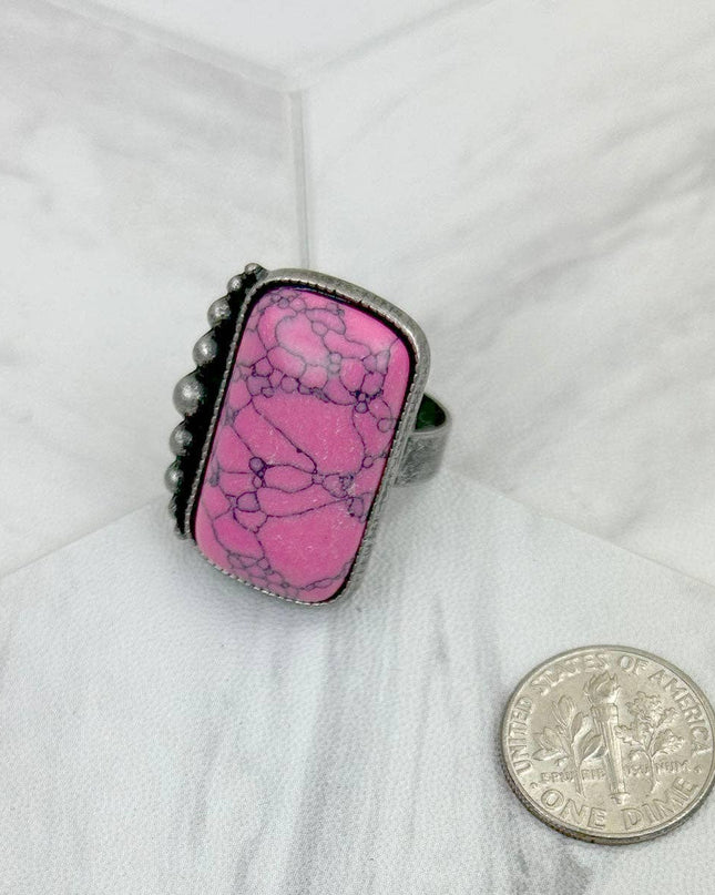 RZ231205-71                     Silver metal with blue turquoise rectangle stone adjustable Ring