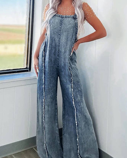 Washed Raw Hem One Piece Wide Leg Jumpsuit Overall YYNZ020