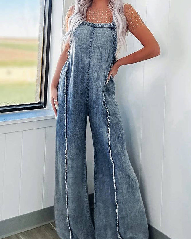 Washed Raw Hem One Piece Wide Leg Jumpsuit Overall YYNZ020