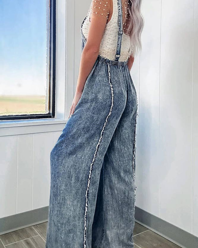 Washed Raw Hem One Piece Wide Leg Jumpsuit Overall YYNZ020