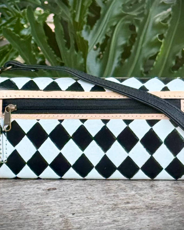 Black White Checkered Leather Wallet Wristband Crossbody Bag