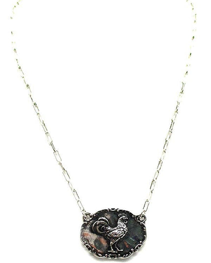 Western Oval Rooster Metal Plate Necklace