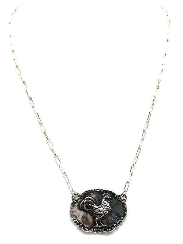 Western Oval Rooster Metal Plate Necklace