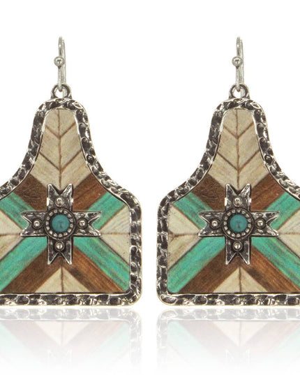 Aztec Pattern Cow Tag Hammered Metal Frame Leather Earrings