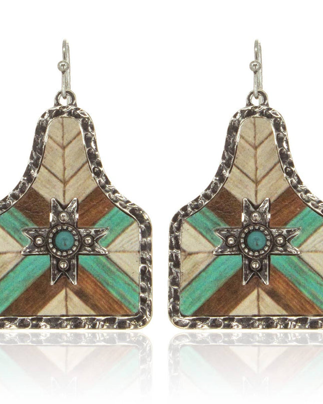 Aztec Pattern Cow Tag Hammered Metal Frame Leather Earrings