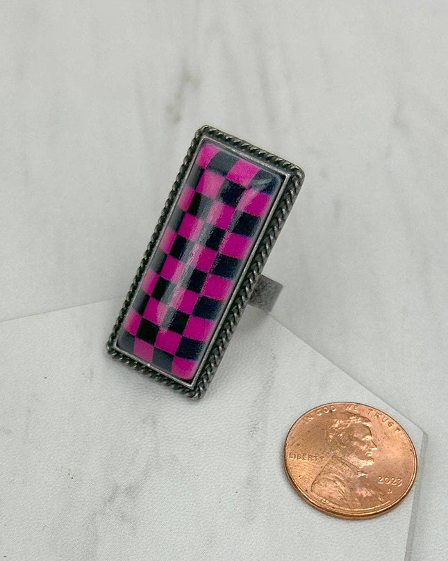 RIZ240537-01         Silver metal checker print bar Ring