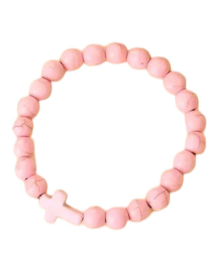 Crackled Stone Stretch Cross Bracelets in Pink or Black