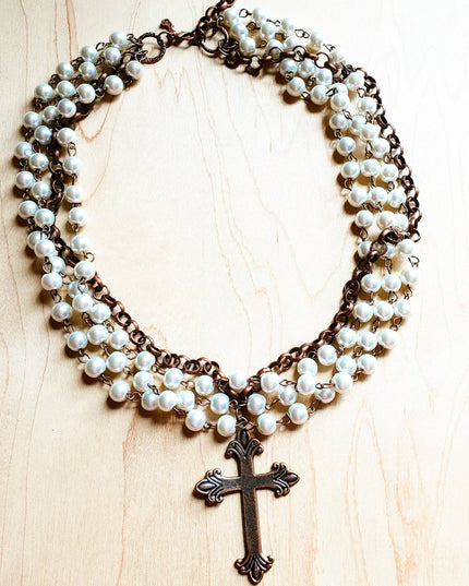 Pearl and Copper Beaded Collar Necklace with Copper Cross
