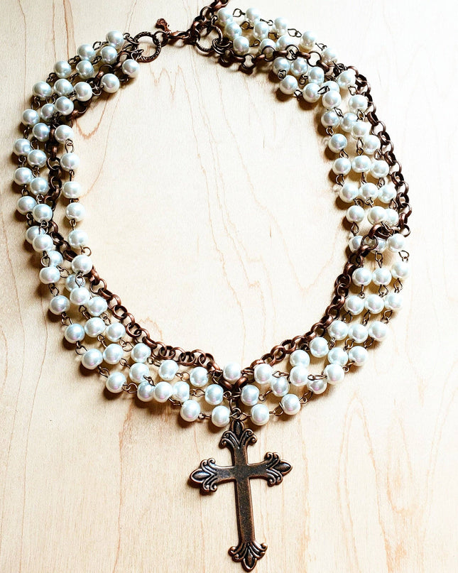 Pearl and Copper Beaded Collar Necklace with Copper Cross