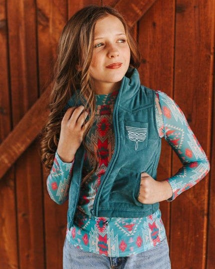 Girls Jade Puffer W Aztec Lining Boot Stitch Detail Vest