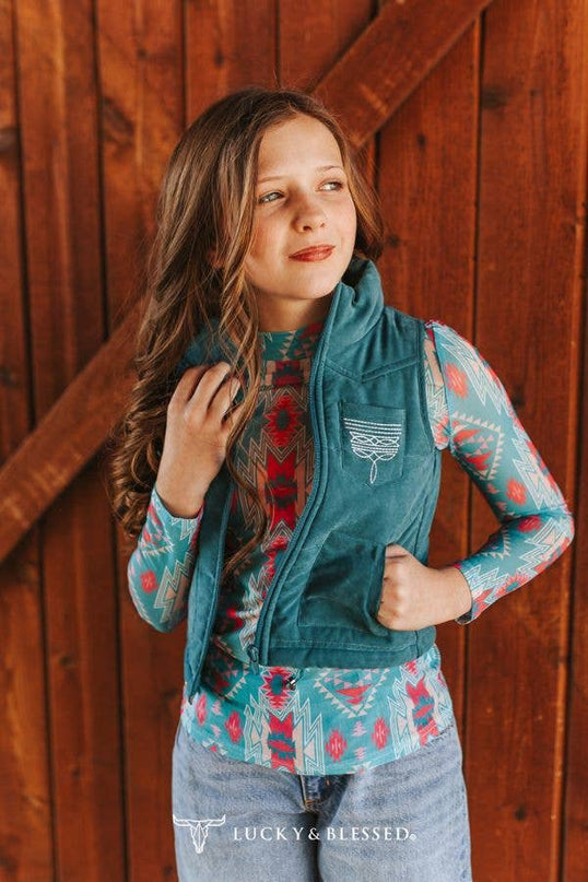 Girls Jade Puffer W Aztec Lining Boot Stitch Detail Vest