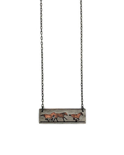 Pewter Necklace - Running Horses in Rectangle