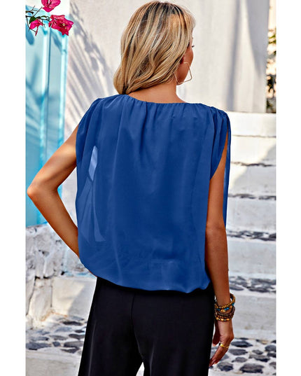 Solid Ruched Sleeveless Loose Fit Round Neck Top