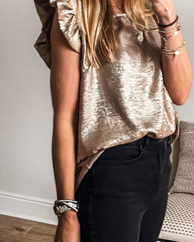 Silver Metallic Ruffle Shoulder Sleeveless Party Top