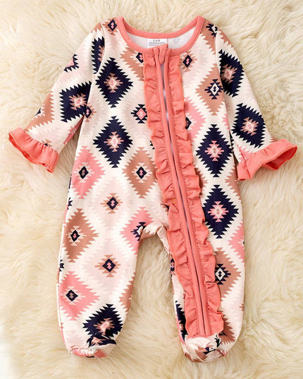 Pink aztec printed baby bodysuit w ruffle trim. RPG53246 SOL