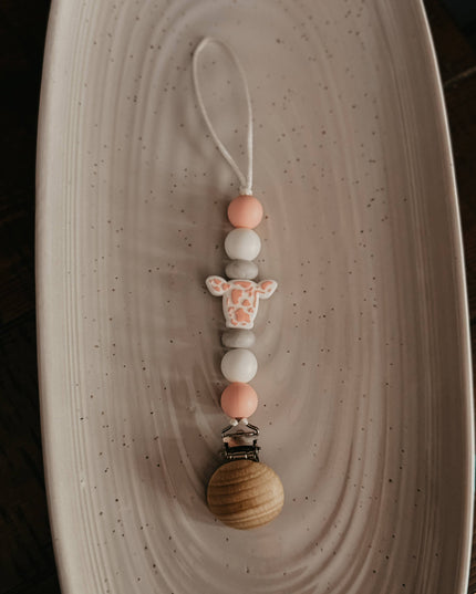 Pink Cow Print/ Head Pacifier Clip