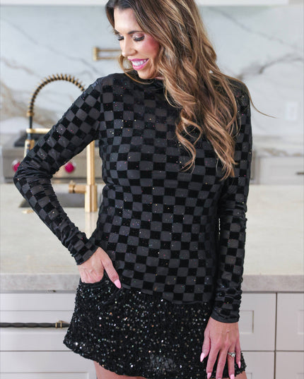 Times Square Velvet Mesh Top- Black Checkered