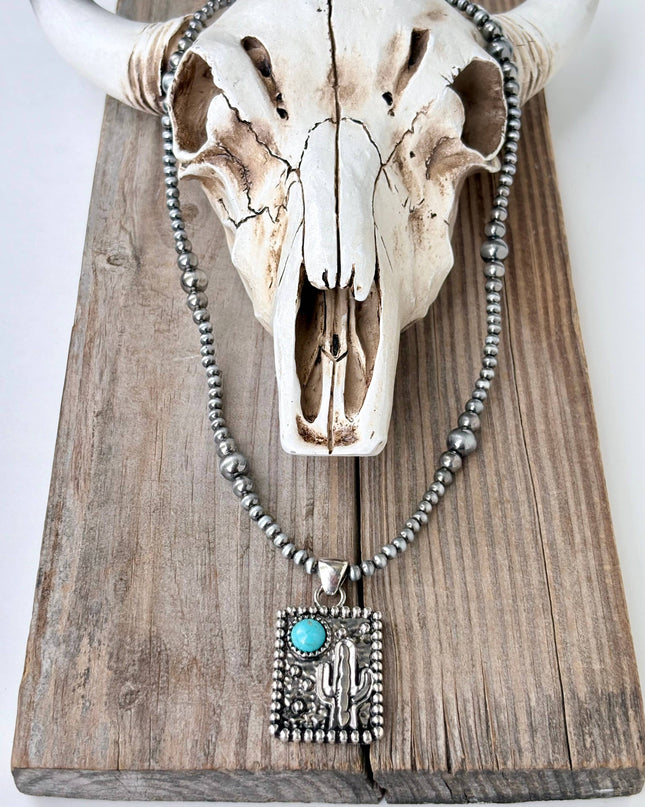 Western Cactus Turquoise Stone Navajo Pearl Pendant Necklace