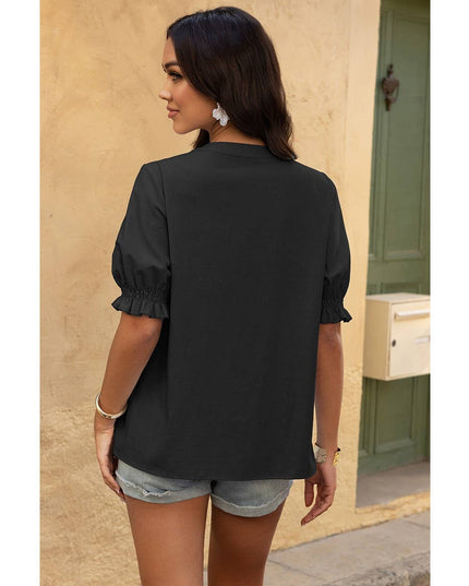 V Neck Boho Puff Short Sleeve Button Down Shirt