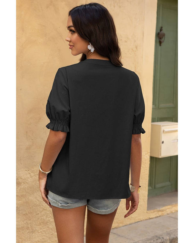 V Neck Boho Puff Short Sleeve Button Down Shirt