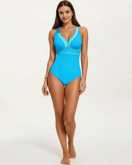 One Piece Swimsuit with Deep V Neck Contrast Trim and Sculpted Waist Design