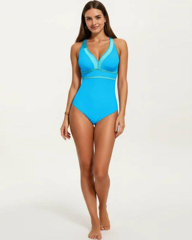 One Piece Swimsuit with Deep V Neck Contrast Trim and Sculpted Waist Design