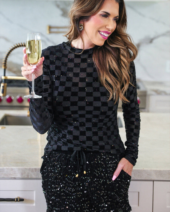 Times Square Velvet Mesh Top- Black Checkered