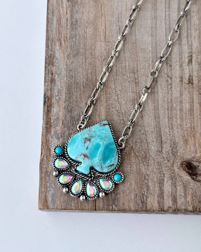 Checker Spade Turquoise Stone Rhinestone Pendant Necklace - Checkered