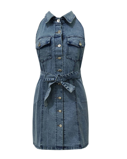 Western Retro Sleeveless Belted Denim Dress