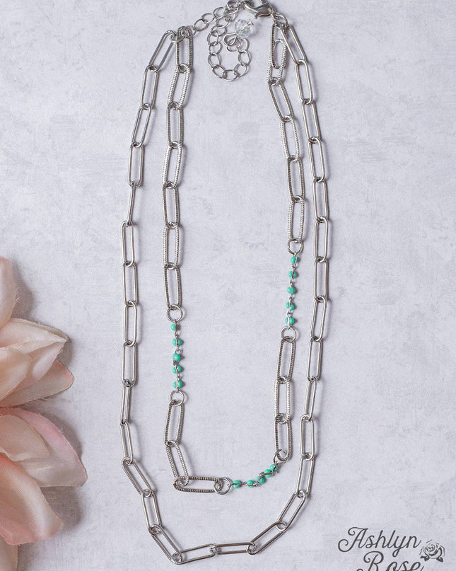 DON'T CALL ME HONEY TURQUOISE BEAD SILVER LINKED CHAIN NECKLACE