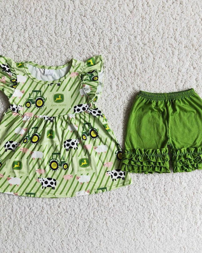 Farm green ruffles soft shorts set