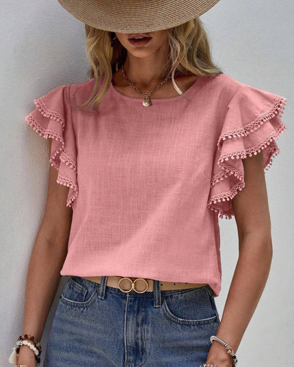 Casual Crew Neck Ruffle Batwing Short Sleeve Top