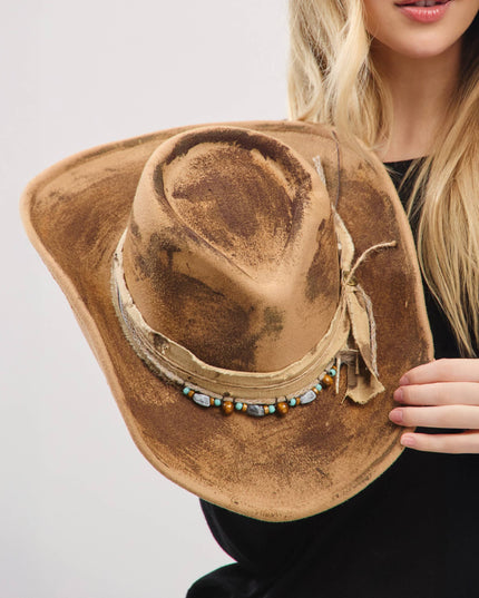 Distressed Fabric Band Feather Cowgirl Fedora Hat
