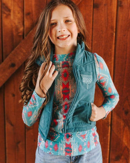 Girls Jade Puffer W Aztec Lining Boot Stitch Detail Vest