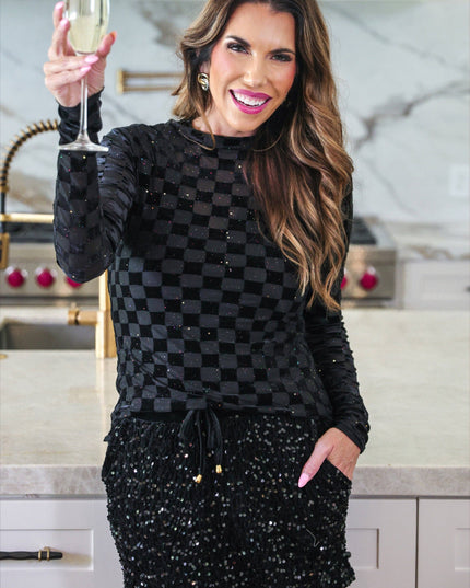 Times Square Velvet Mesh Top- Black Checkered