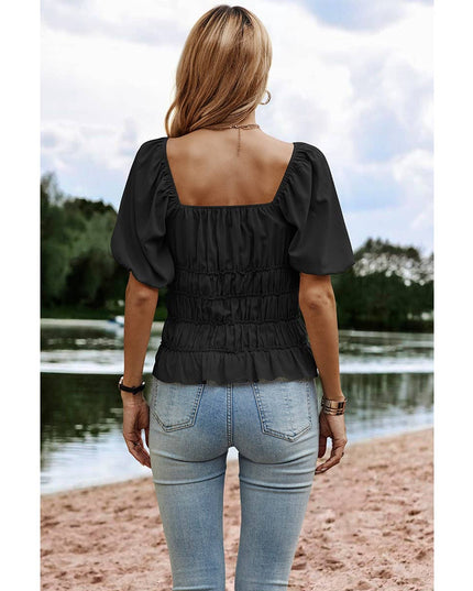 Solid Square Neck Shirred Flounce Sleeve Peplum Blouse