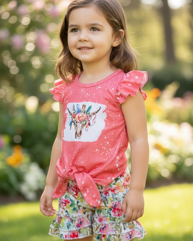 Cow skull coral top with angel sleeve and floral shorts. LT-2020-10 JEAN