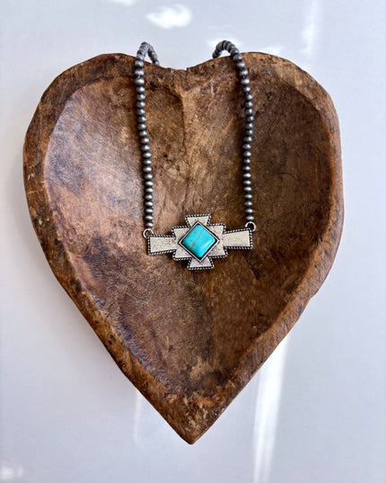 Western Aztec Stone Pendant Navajo Pearl Bead Necklace