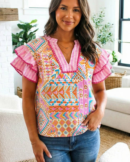 Boho Mixed Print Ruffled Blouse SS26 | S-XL & Plus 1X-4X