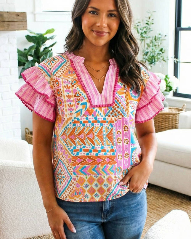 Boho Mixed Print Ruffled Blouse SS26 | S-XL & Plus 1X-4X