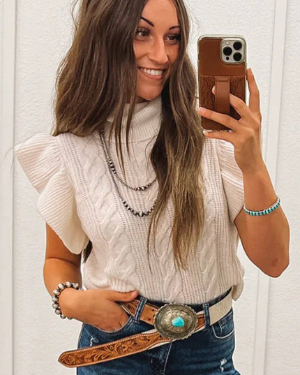 Western Cable Knit Turtleneck Ruffle Sleeve Sweater Top