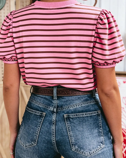 Stripe Striped V-Neck Ribbed Collar Cuff Gathering Top