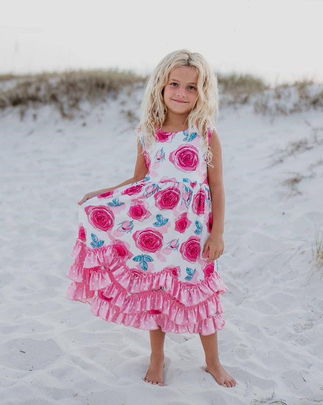 Girls Pink Rose 3 Ruffle Spring Summer Easter Dress