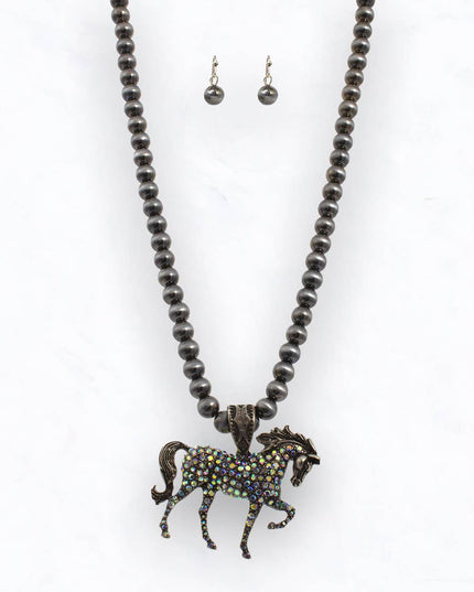Western Horse Pendant Necklace Set with Beads