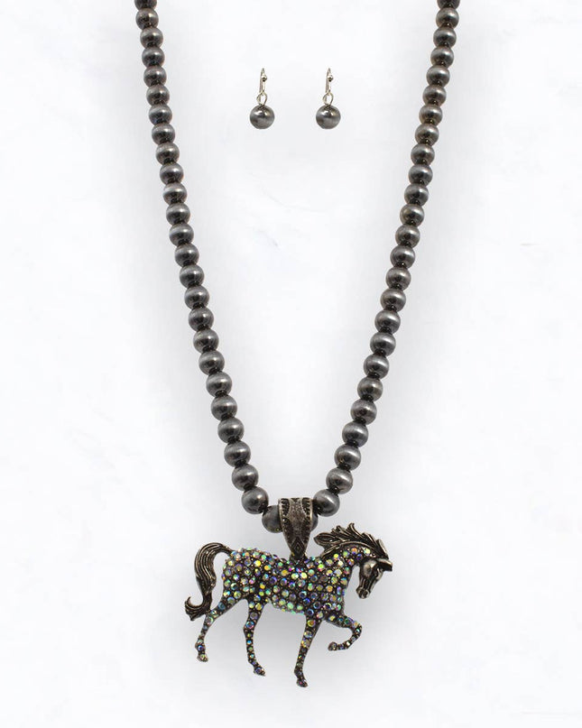 Western Horse Pendant Necklace Set with Beads