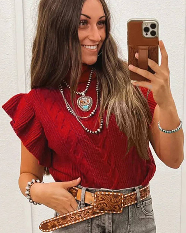 Western Cable Knit Turtleneck Ruffle Sleeve Sweater Top